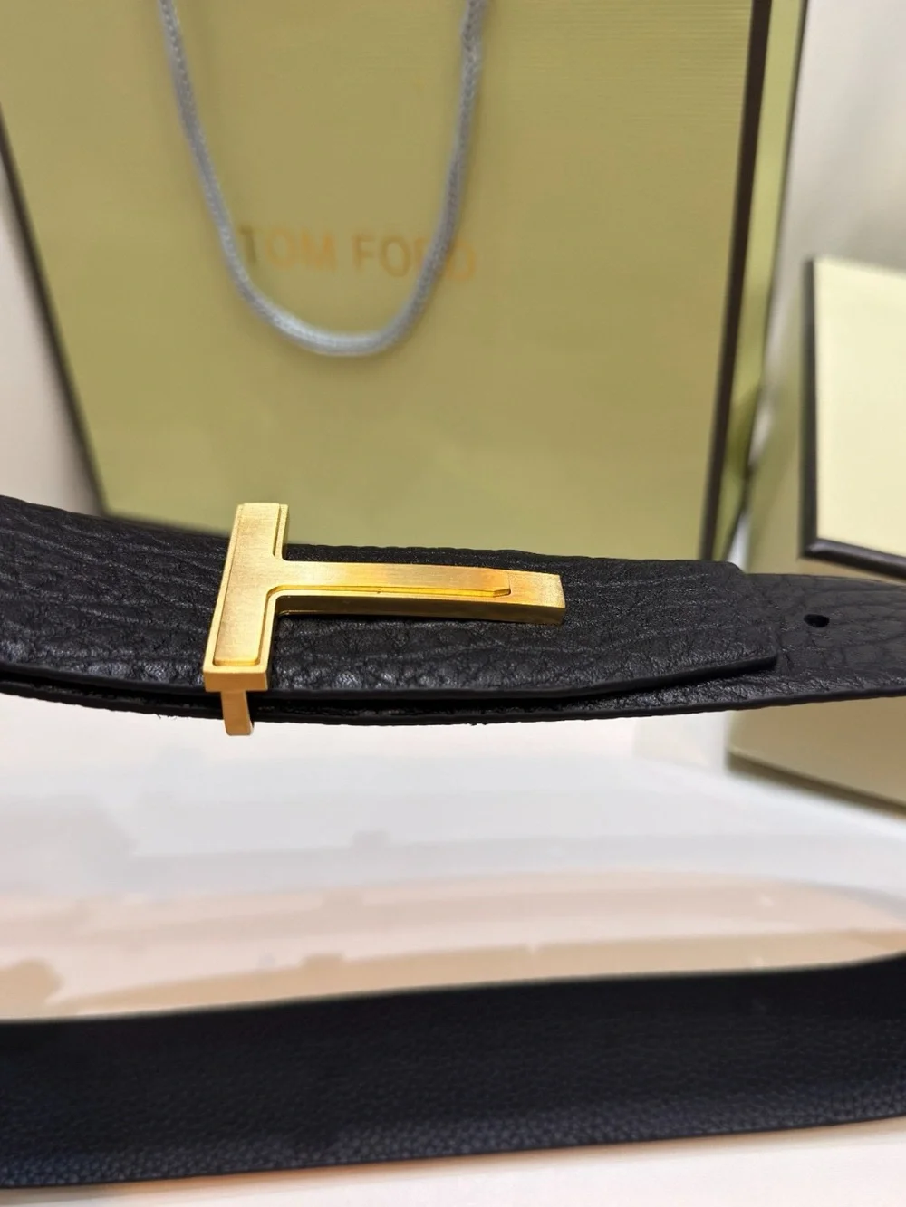 Tom Ford Black Leather Belt with Gold T Buckle